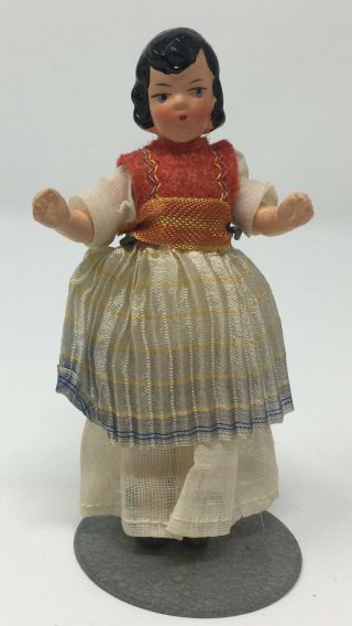 Vintage German Bisque Dollhouse Girl Jointed Greek Doll 3 3/4 " Long