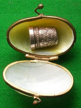 Antique Silver Thimble Advertising J Walker Jeweller In Pearl Shell Oval Box