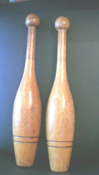 Antique Indian Exercise Clubs Pair 1 Lb.  Turned Wood 15 "