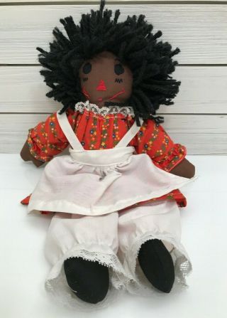 Vintage African American Cloth Rag Doll Soft Apron Embroidered 15 " Legs Bend