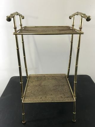 Vintage Gold Tone Metal Bamboo Style 2 Tier End Table Shelf 24” Accent - Tall (g)