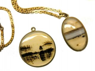 2 Antique/vintage Victorian Gold Filled Moss Agate Pendants & Watch Chain Fob