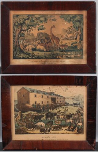 2 Antique 19thc N Currier Lithograph Prints Noahs Ark,  Adam Naming Creatures