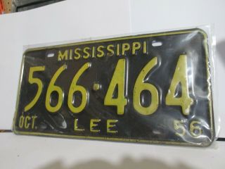 Old Antique Vintage Mississippi License Plate Car Tag 1956 Lee County Ms,