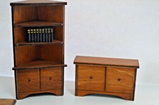 Vintage Dollhouse Miniature Corner Book Shelf W/ Table Wood Furniture Accessory