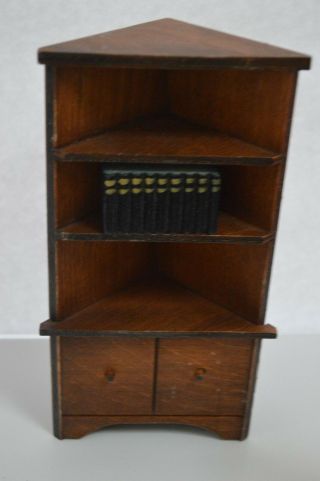 Vintage Dollhouse Miniature Corner Book Shelf w/ table Wood furniture accessory 2