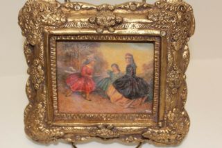 Antique Miniature Oil Painting On Wood,  Girls & Lady,  18th Century,  Gesso Frame