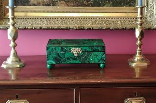 Faux Malachite & Marbled Wood Box Antique Empire Style Jewelry Casket Silver