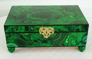 faux malachite & marbled wood box antique empire style jewelry casket silver 2