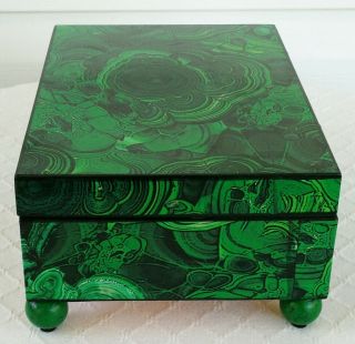 faux malachite & marbled wood box antique empire style jewelry casket silver 3