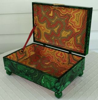 faux malachite & marbled wood box antique empire style jewelry casket silver 8