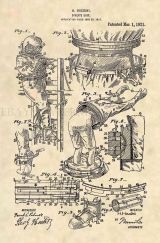 Official 1921 Diving Suit Us Patent Art Print - Houdini Scuba Diver Antique - 471