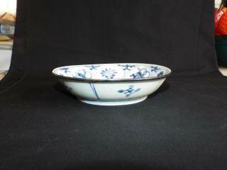 Antique Chinese blue white porcelain shallow bowl with white metal rim. 2