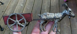 Antique Ca.  1910 Cast Iron Goat With Metal Cart Toy Goat Cart