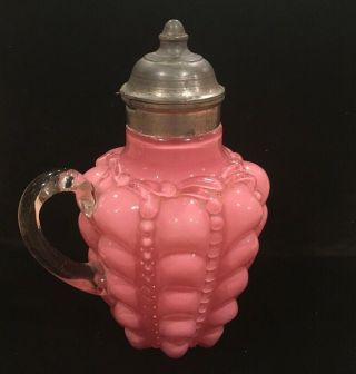 Antique Victorian Pastel Pink W/ Hinged Lid Syrup Glass Syrup Pitcher