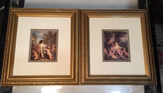 2 Vintage Framed Cherub Painting Prints Wood Gilded Frames Set