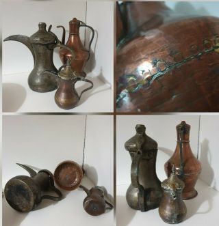 3 Antique Copper Middle Eastern Islamic Dallah / Arabic Coffee Pots / Ewers