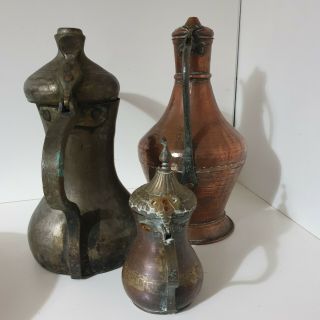 3 Antique Copper Middle Eastern Islamic Dallah / Arabic Coffee Pots / Ewers 2