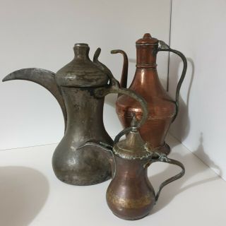 3 Antique Copper Middle Eastern Islamic Dallah / Arabic Coffee Pots / Ewers 6