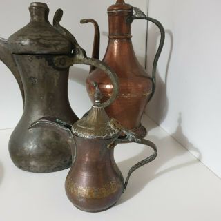 3 Antique Copper Middle Eastern Islamic Dallah / Arabic Coffee Pots / Ewers 8