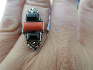 Antique Art Deco Solid 925 Silver Coral Marcasite Onyx Ring Size K 1/2