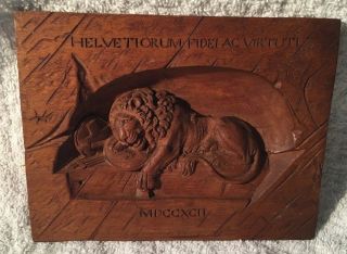 Antique Wooden Carved Plaque Of Lucerne Lion - Swiss Faith & Virtue - C.  1877
