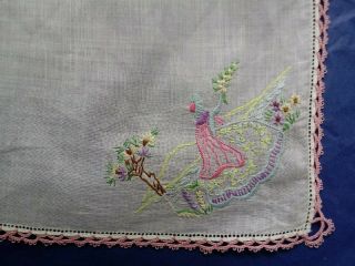 Vintage Embroidered Crinoline Lady Handkerchief Hanky Tatting Lace Edge