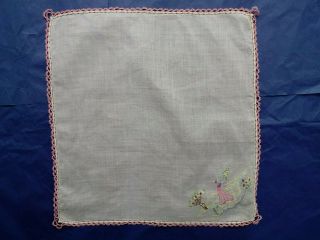 Vintage embroidered CRINOLINE LADY handkerchief hanky tatting lace edge 2