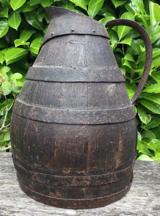 Old Early Antique French Large Wooden Staved & Iron Wine Jug Pitcher For Display