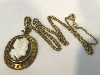 Antique 10k Gold Shell Cameo Pendant Necklace E11
