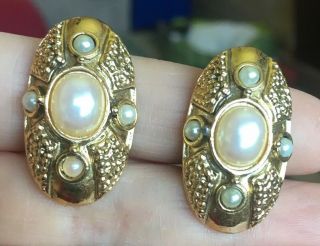 Vintage Gold Byzantine Etruscan Antique Style Faux Pearl1928 Earrings