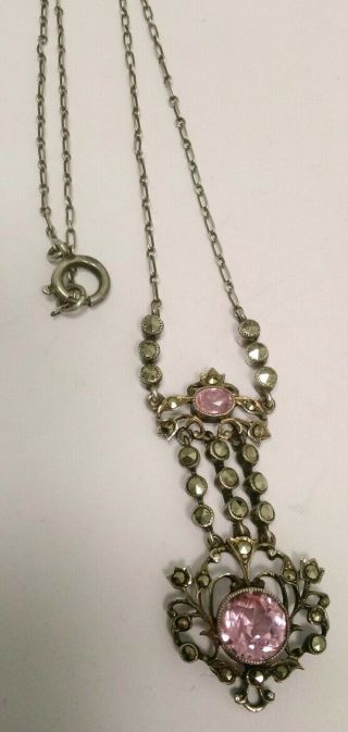 Vintage Or Antique Sterling Silver Marcasite Filigree Drop Pendant Necklace