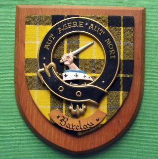 Vintage Old Scottish Carved Oak Clan Barclay Tartan Plaque Crest Shield