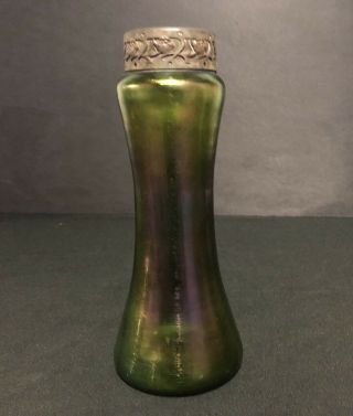 10 1/2” Unknown Antique Art Glass Vase Green Base Color Metal Rim Victorian?
