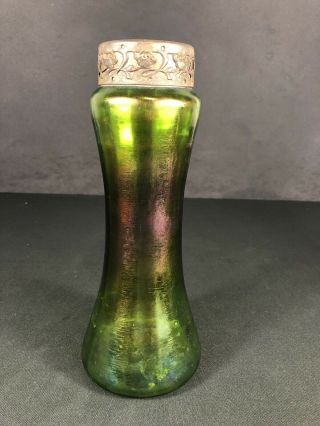 10 1/2” Unknown Antique Art Glass Vase Green Base Color Metal Rim Victorian? 2