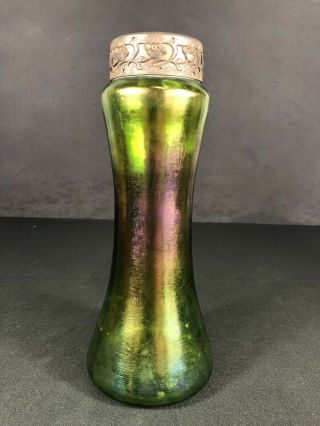 10 1/2” Unknown Antique Art Glass Vase Green Base Color Metal Rim Victorian? 3