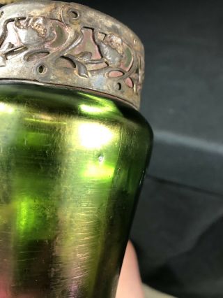 10 1/2” Unknown Antique Art Glass Vase Green Base Color Metal Rim Victorian? 4