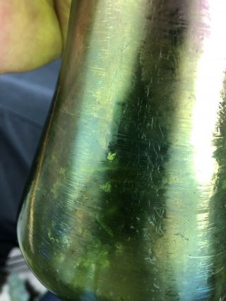 10 1/2” Unknown Antique Art Glass Vase Green Base Color Metal Rim Victorian? 5