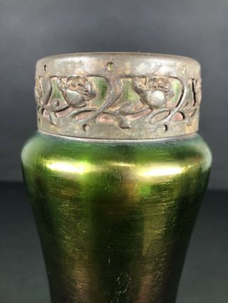 10 1/2” Unknown Antique Art Glass Vase Green Base Color Metal Rim Victorian? 7