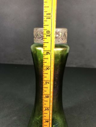 10 1/2” Unknown Antique Art Glass Vase Green Base Color Metal Rim Victorian? 8