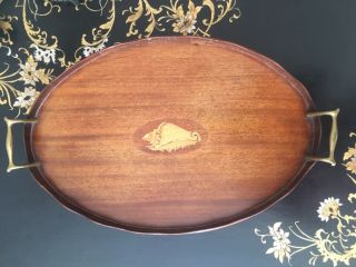 An Edwardian Inlaid Mahogany Oval Tray With Brass Handles And Pie Crust Edges
