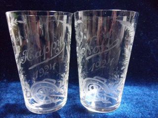 2 Antique Engraved Glass Beakers,  Good Luck Symbols Etc.