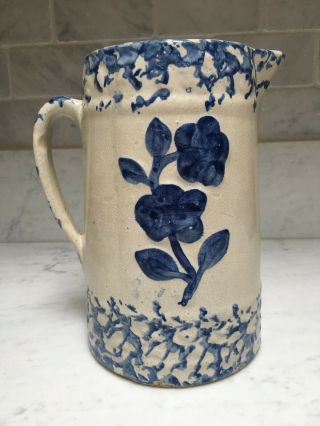 Antique Blue Spongeware Stoneware Pitcher With Flower