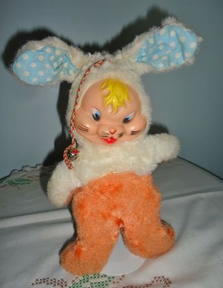 Vintage Mod Orange White Rubber Face Plush Stuffed Bunny Rabbit With Jingle Bell