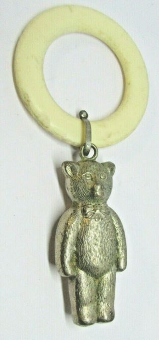 Antique Epns Silver Plated Babies Rattle In Form Of A Bear With Teething Ring