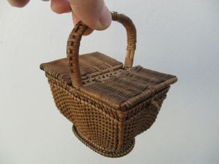 A Antique Miniature Finely Woven Basket For Doll,  Bear Or Sewing Items.