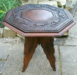 Large Antique Anglo/indian Hand Carved,  Folding Wooden Side Table