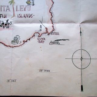 Antique Hand Drawn Fiji Map,  Possible Trench Art WWII,  1940 ' s 5