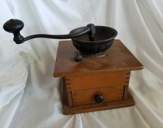 Vintage Antique Primitive Wood Coffee Grinder Cast Iron Dove Tail