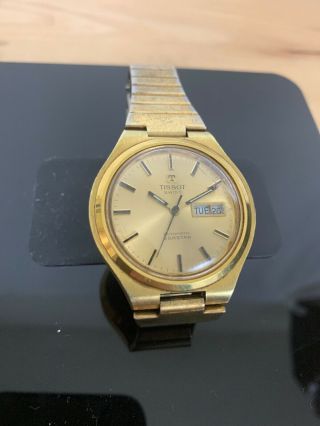 Vintage Tissot Swiss Automatic Seastar Wrist Watch With Day Date Runs Gold Tone